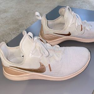 White, with glitter & rose gold pink detailing Nike trainers; size 7.5